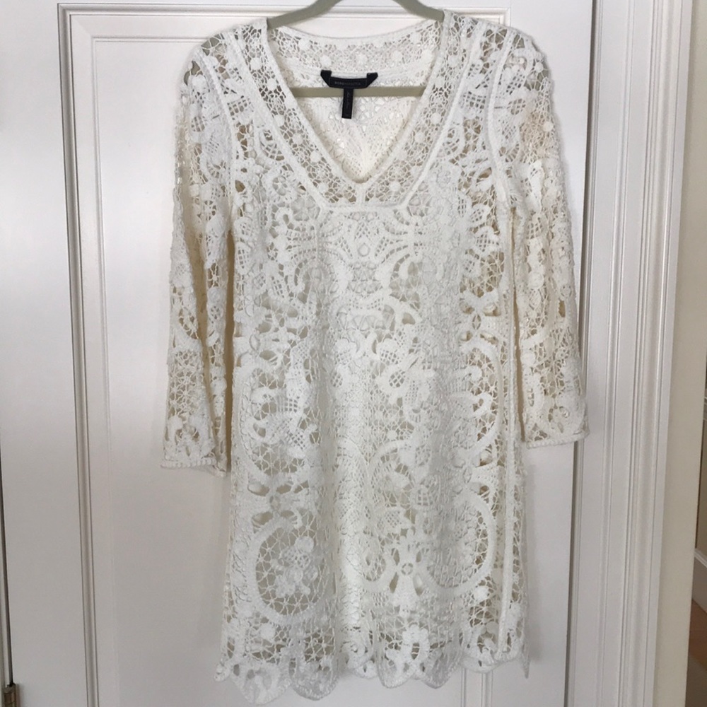 BCBG MAXAZRIA Off-White Lace Dress; Slip Attached.